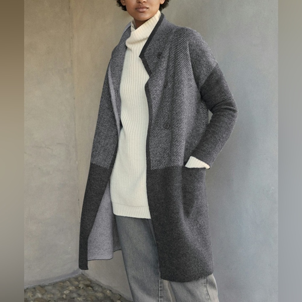 NWT POETRY FUNNEL-NECK COAT BOILED WOOL US SIZE 14 XXL NAVY & WHITE Long Sweater - Picture 2 of 16